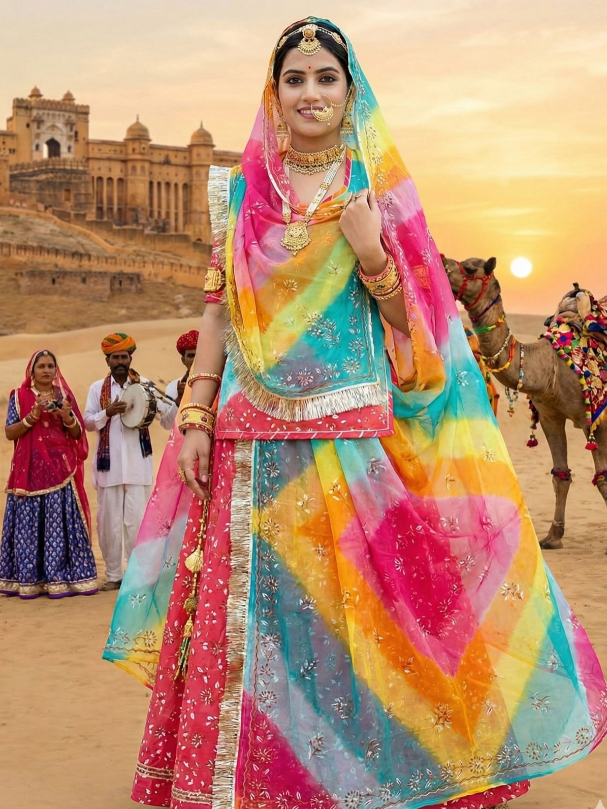 A collection of traditional Indian ethnic outfits featuring colorful lehengas, sarees, and salwar suits worn by women in royal heritage locations and festive settings.